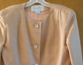 Vintage Christian Dior The Suit Pale Peach Silk Size 12 Collarless Skirt Suit