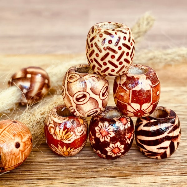 Wooden handcrafted beads 5 pack for dreadlocks, random organic designs selected, earthy organic style