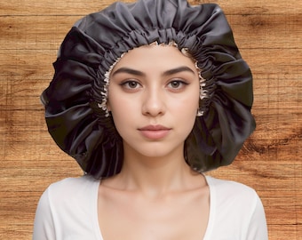 Short hair satin sleep bonnet perfect for protecting dreadlocks, braids or curly hair whilst you sleep, Black and Silver reversible colour