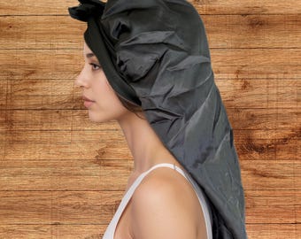 Extra Long Satin Sleep Bonnet for Dreadlocks & Braids. Black and Silver Reversible Colour