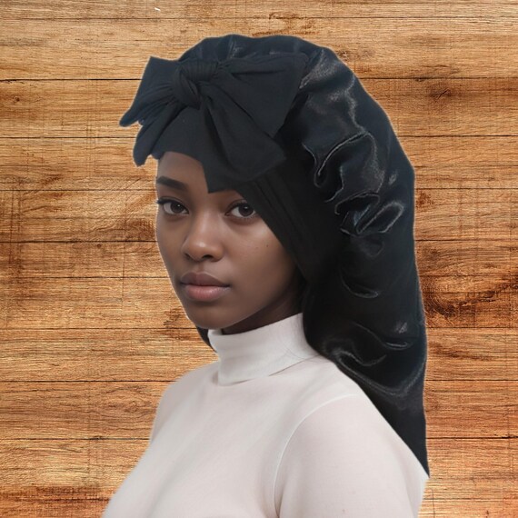 DEMAZALO Lange Satinhaube XL Für Zöpfe & Locken – Schwarz/gold – Schlafhaube Zum Schutz Langer Frisuren