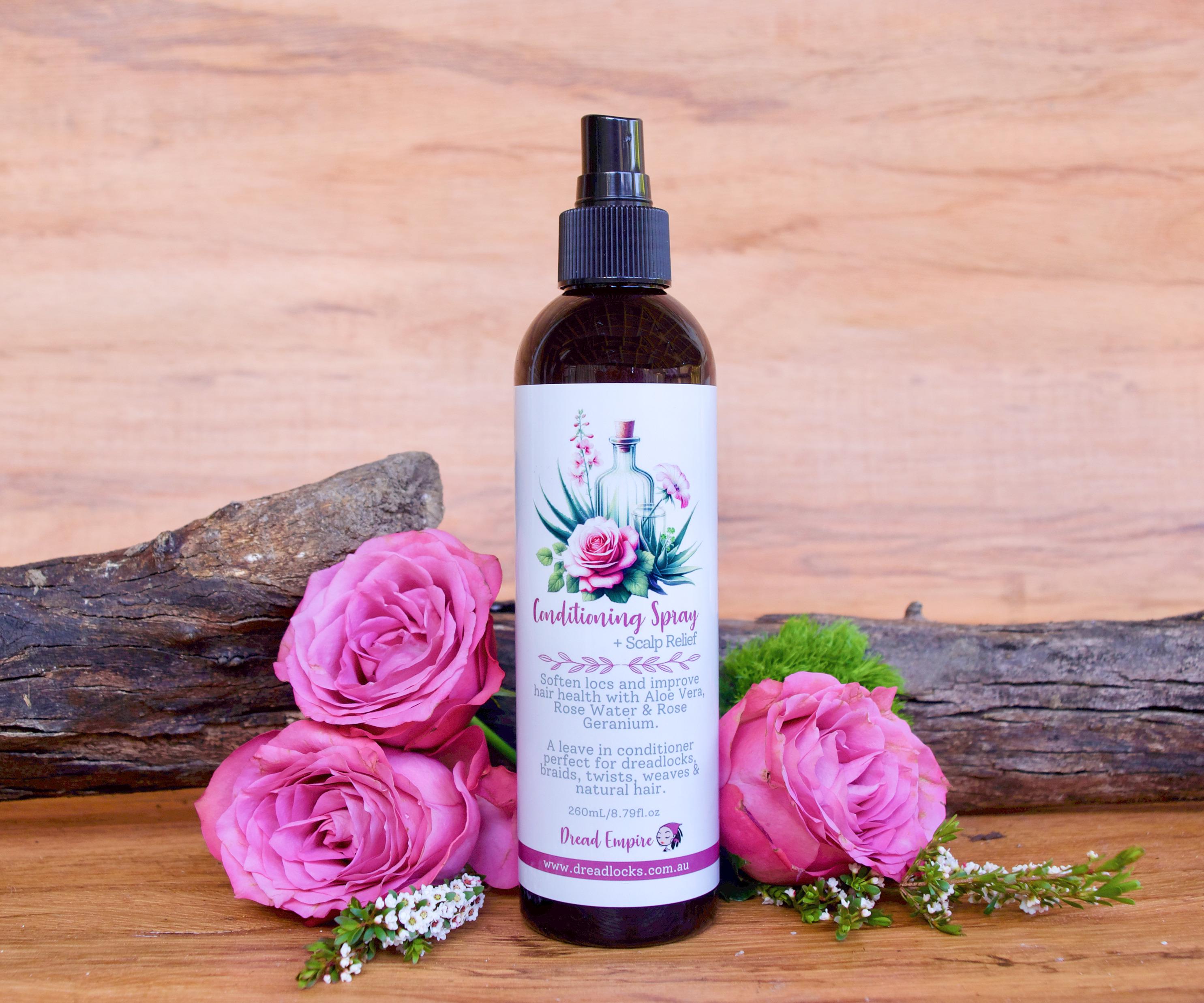 Dreadlocks Conditioning Spray with Rose Water by Dread Empire, an organic hair conditioner with aloe vera which softens and conditions locs