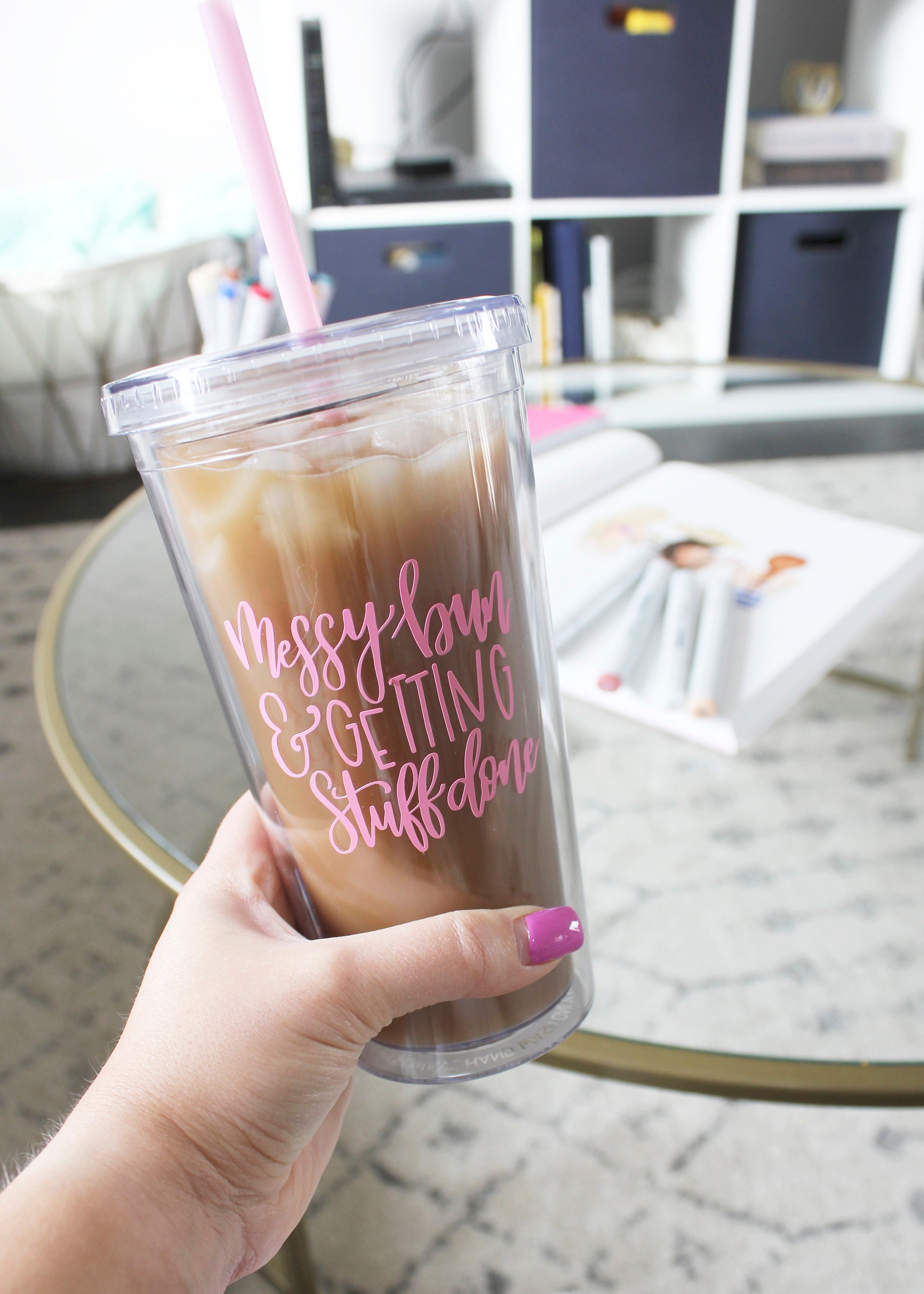 Gift For Her Coffee Cup, Holographic Messy Bun Cup Ice Coffee Glass Pink Glass Cup Beer Can Glass Tea Cup Mommy Needs Coffee Glass