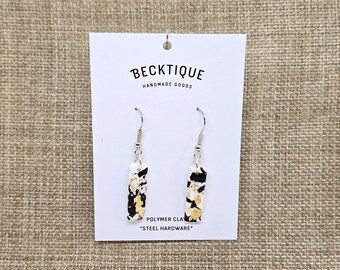 Black & White Marble Effect Baguette Drop Earrings - Steel, Polymer Clay (Gold Leaf)