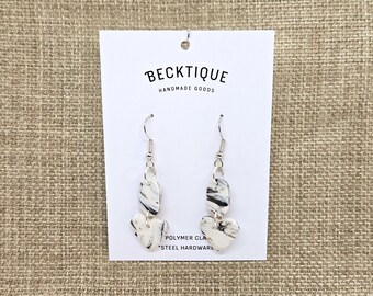 Black & White Marble Effect Heart Dangle Earrings - Steel, Polymer Clay (Gold Leaf)