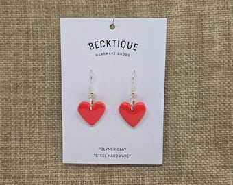 Red Heart Drop Earrings - Steel, Polymer Clay