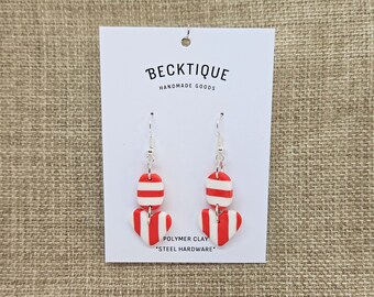 Red & White Striped Heart Dangle Earrings - Steel, Polymer Clay (Candy Cane, Ticking, Stripes)