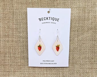 Handpainted Strawberry Tile Drop Earrings - Sterling Silver 925, Polymer Clay