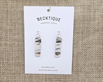 Black & White Marble Effect Tile Drop Earrings - Sterling Silver 925, Polymer Clay