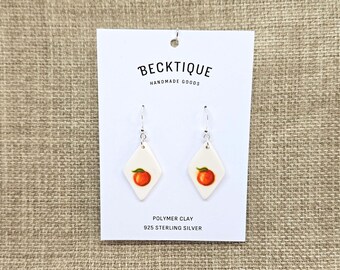 Handpainted Orange Tile Drop Earrings - Sterling Silver 925, Polymer Clay