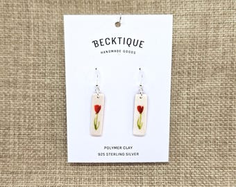 Handpainted Red Tulip Tile Drop Earrings - Sterling Silver 925, Polymer Clay