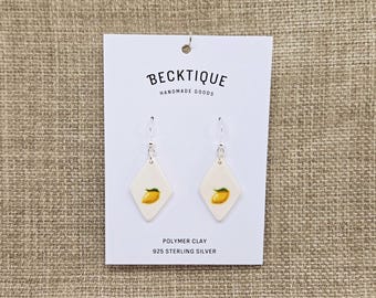 Handpainted Lemon Tile Drop Earrings - Sterling Silver 925, Polymer Clay