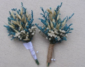 Turquoise Rustic Dried Flower Boutonnieres, Wedding Baby's Breath Boutonniere, Groom's Boutonniere, Dry Wedding  Boutonniere
