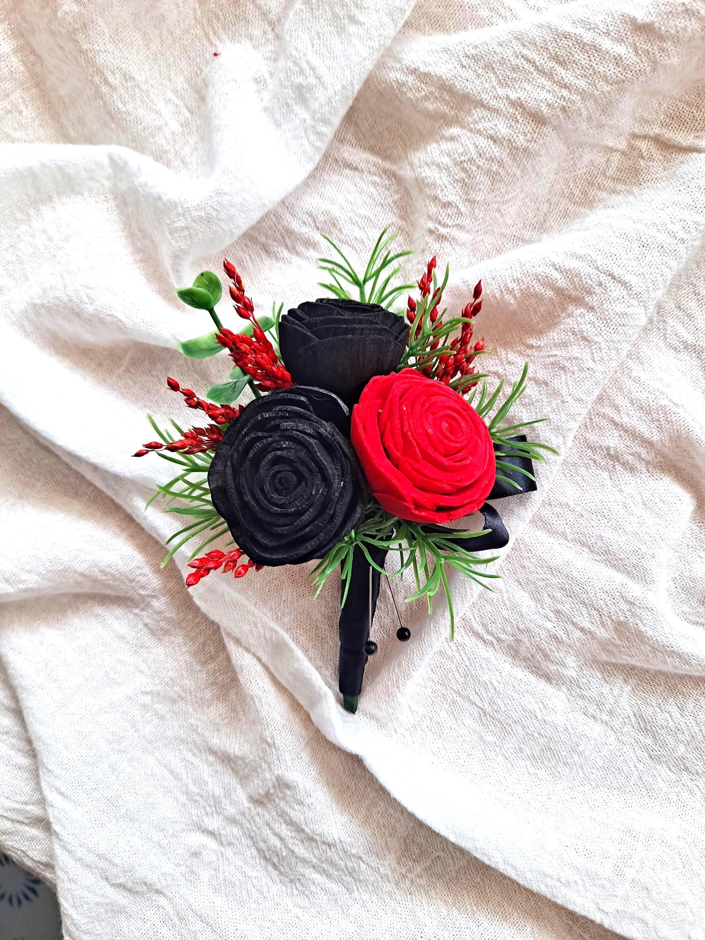 red corsage with black dress Corsage and boutonnire set