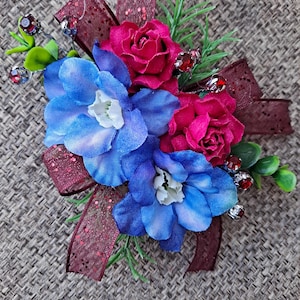 Blue and Pink Prom Set of Flowers, Hot Pink wrist corsage and boutonniere, Wedding boutonniere, Bridal Corsage, Wedding Accessories