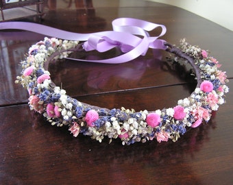 Bridal Pink, White and Lavender Hair Crown, Dried Flower Crown, Dried Hair Halo, Wedding Hair Wreath,  Bridesmaid Hair Circle, Crowns