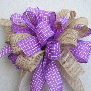 Burlap and Lavender Checkered  Bow, Burlap Bows, Lavender Checkered Bow, Wall Decorative Bow, Bow for Wreath, Front Door Bow