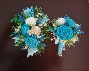 Turquoise Wrist Corsage, White and Turquoise Wedding Boutonniere, Prom Corsage, Boutonnieres and Corsages