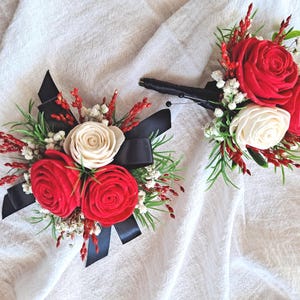 Red and White Sola Flower Corsage, Prom Boutonniere Set