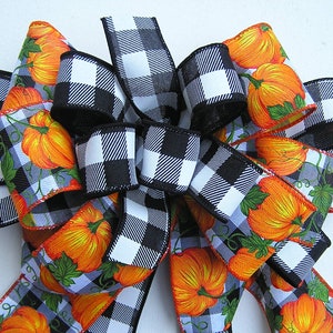 Fall Pumpkin Black and White Checkered Bow, Bow for Fall Wreath, Door Bow Decoration, Bow for Autumn Decor, Decorative Fall Bows