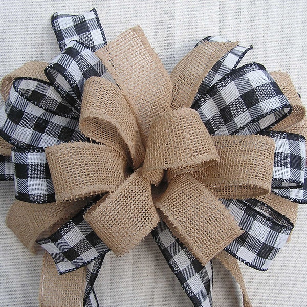 Holiday Tree Burlap Black and White Checkered Bow, Decorative Bow, Buffalo Plaid Bow, Window Bow, Mail Box Bows, Home Decor Bow