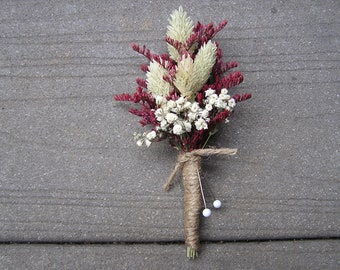 Dried Burgundy Boutonniere, Dried Flower Boutonniere, Wedding Buttonhole,  Boutonniere, Rustic Dried Flower Boutonniere, Groom Boutonniere