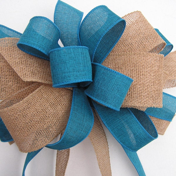 Burlap and Turquoise Bow, Wedding Turquoise Bow, Holiday Tree Bows, Bows for Home Decor, Decorative Bow for Mail Box, Door Bow