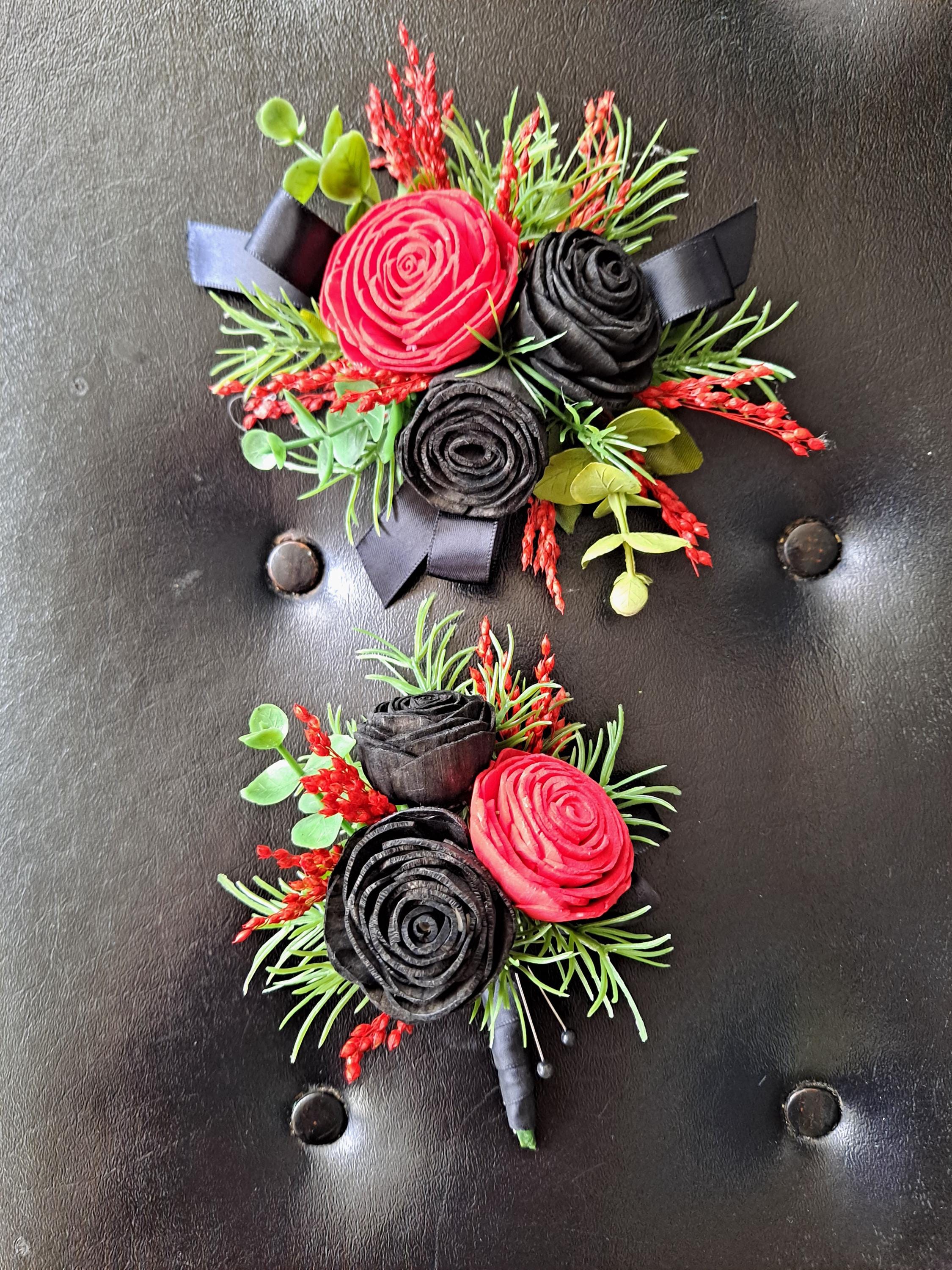 black prom dress with red corsage Prom Red and Black Sola Flower Corsage, Wedding Boutonniere, Bridal Wrist  Corsage