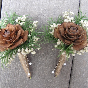Cedar Rose Boutonniere with Baby&#39;s Breath, Wedding Man&#39;s Boutonniere, Rustic Wedding Buttonhole, Groom Wedding Accessory,  Prom Boutonniere