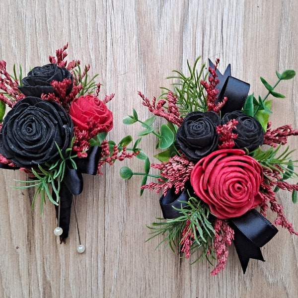 Black and Red Prom Wrist Corsage, Wedding Boutonniere, Red Sola Buttonhole, Black Rose Boutonniere, Bridal Wrist Corsage in red and black