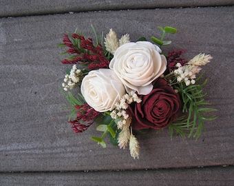 Burgundy and White Sola Flower Wrist Corsage, Wedding Flowers
