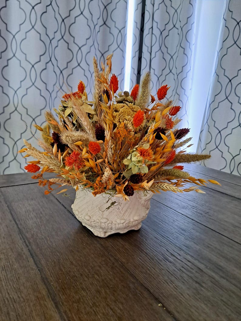 Fall Table Arrangement, Thanksgiving Centerpiece With Dried Flowers in