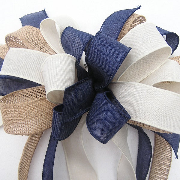 Navy White and Burlap Decorative Bow for Home decor, Wedding Bows with Burlap, Rustic Bow Decor, Wreath Bow, Door Bow Decor, Mail Box Bow