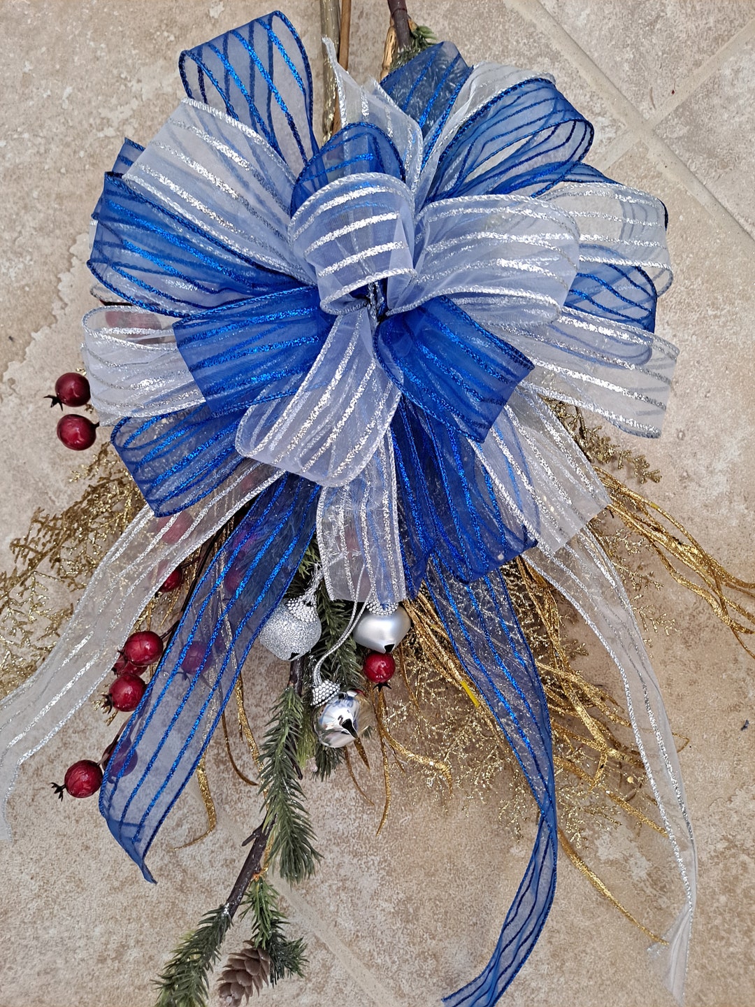 Royal Blue and Silver Christmas Tree Bows, Staircase Holiday Bow With