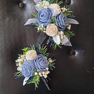 Prom Blue Sola Flower Wrist Corsage, Wedding Boutonniere with Silver Ribbon, Prom Flower Set in Dusty Blue and White