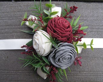 Sola Flower Wrist Corsage, Grey, White & Burgundy, Prom, Wedding