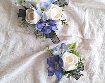Blue White Sola Flower Corsage Boutonniere Set, Wedding Prom Wrist Flowers