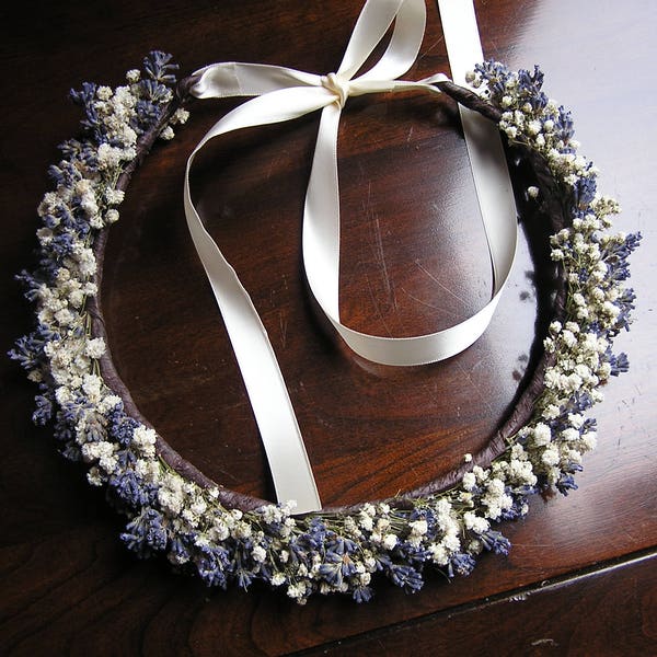 Baby's Breath and Lavender Hair Crown, Bridal Hair Circlet, Dried Bridal Headpiece, Floral Halo with Baby's Breath and English Lavender