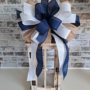 Navy, White, and Burlap Wired Bow, Rustic Decor