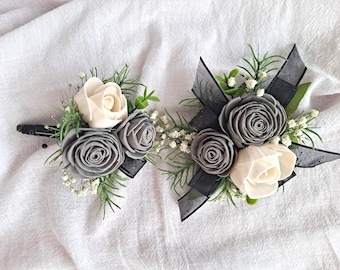 corsage for grey prom dress Gray and White Flower Set, Wedding Gray Boutonniere, Gray Bridal Wrist __badge_us: Back In Stock |FFFFFF/000000