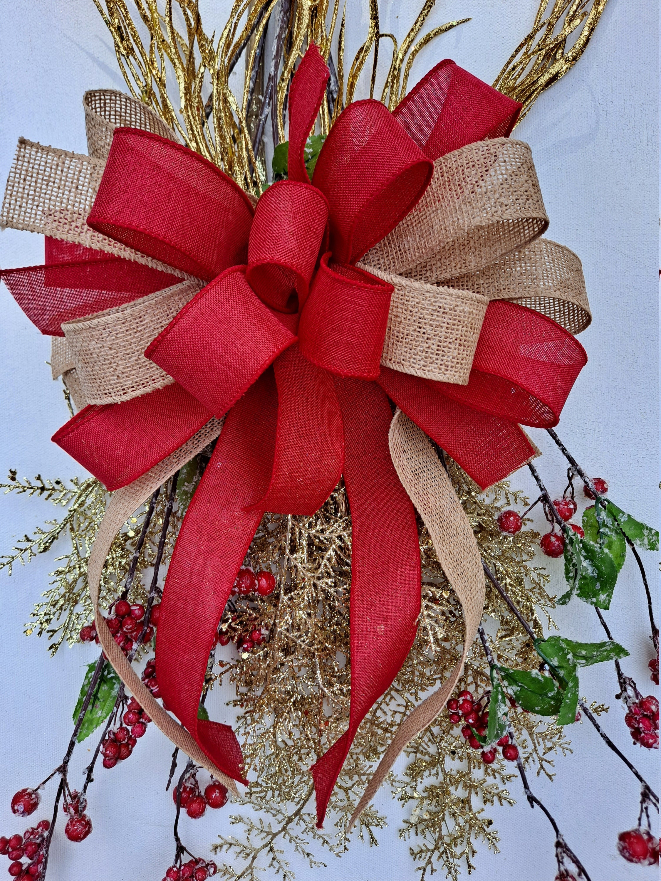 Janou Burlap Bow Holiday Wreath Bow DIY Crafts Rustic Jute Bowknot Ornaments for Christmas Tree Topper Wedding Party Decorations, 9.8x21.6 in