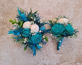 Turquoise Wrist Corsage, White and Turquoise Wedding Boutonniere, Prom Corsage, Boutonnieres and Corsages