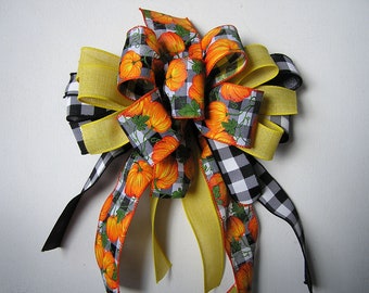 Fall Wreath Bow: Orange, Yellow, Black Checkered Ribbon - Autumn Decor
