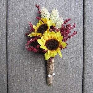 Sunflower Boutonniere for Groom, Fall Burgundy and Yellow Wedding Boutonniere, Mans Boutonniere, Dried Flower Buttonhole for Autumn Events