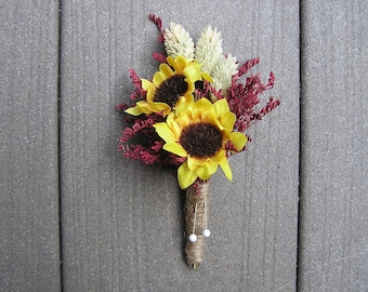 Sunflower Boutonniere for Groom, Burgundy and Yellow Wedding Boutonniere, Mans Boutonniere, Dried Flower Buttonhole