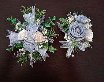 Prom Dusty Blue and White Boutonniere, Wrist Corsage, Wedding Buttonhole, Bridal Corsage with Silver Ribbon