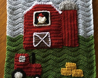 CROCHET PATTERN - Red Barn Farm Crochet Blanket Throw - PATTERN