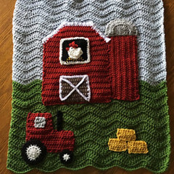 CROCHET PATTERN - Red Barn Farm Crochet Blanket Throw - PATTERN