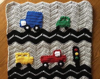 CROCHET PATTERN - Car, Truck and Traffic Baby Blanket in Grey - PATTERN