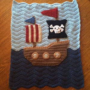 CROCHET PATTERN - Pirate Ship with Flags Crochet Blanket Throw - PATTERN